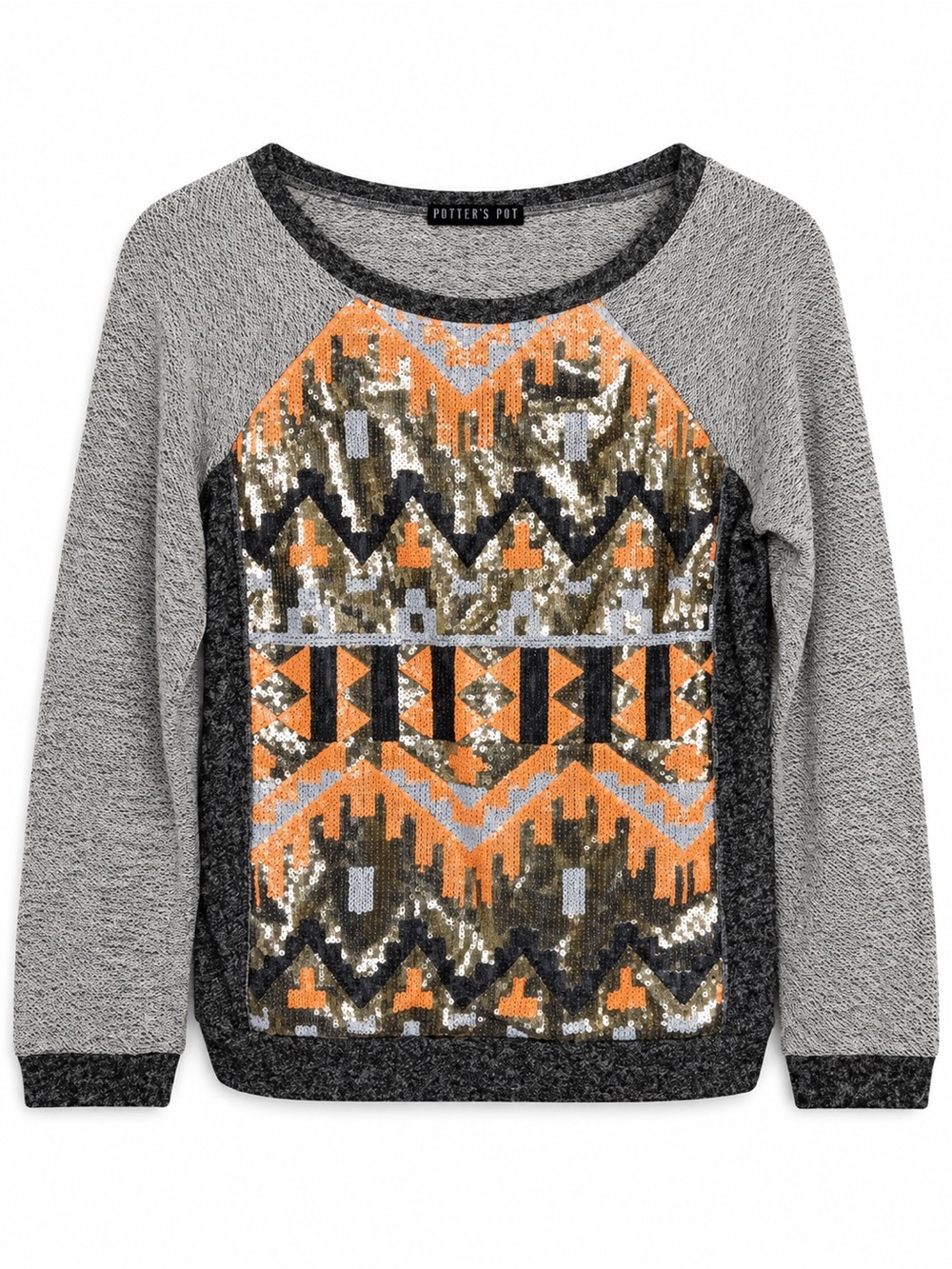 Potter’s Pot Women’s Small Gray Orange Sequin Geometric Raglan Sweater Top